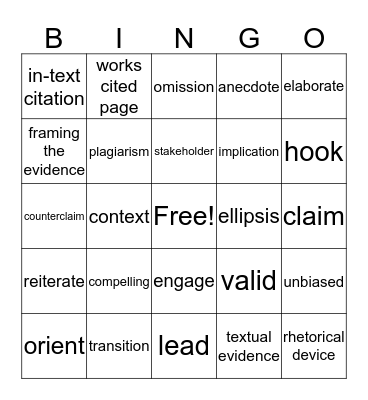 Vocabulary Bingo! Bingo Card