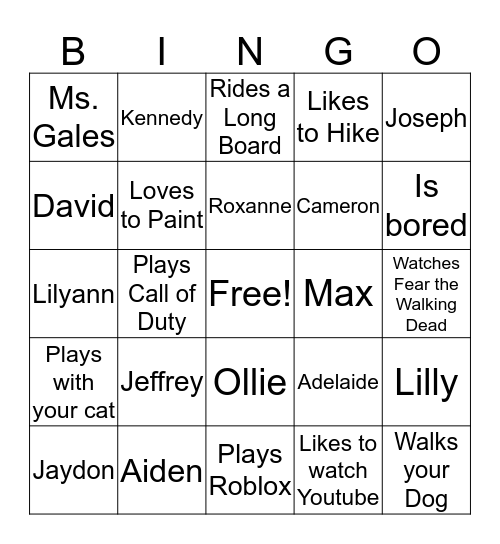 Free Time Bingo Card