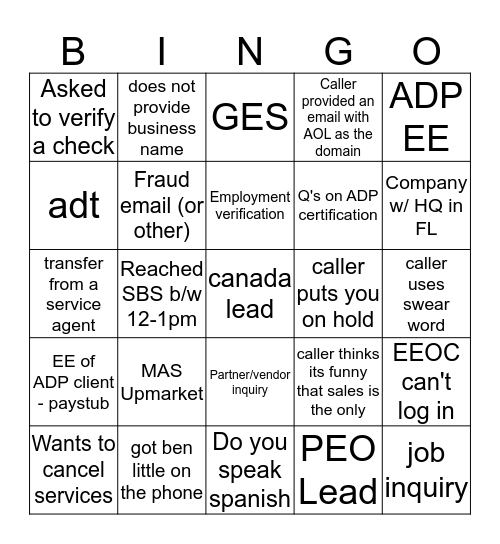 ADP Bingo Card