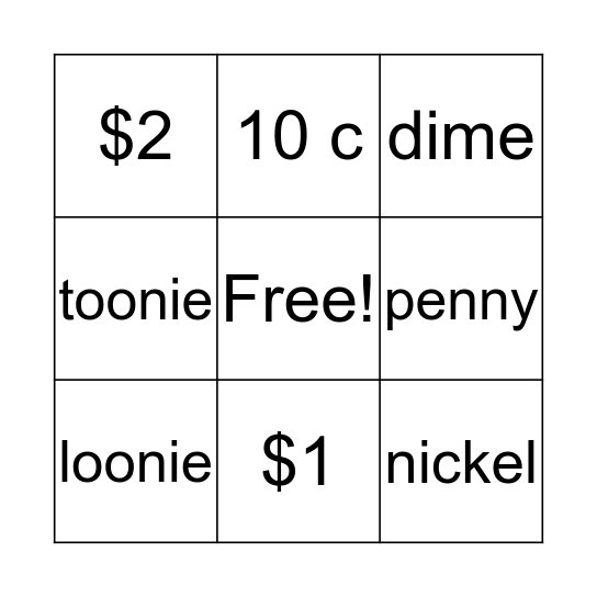 Canadian Coins Bingo Card