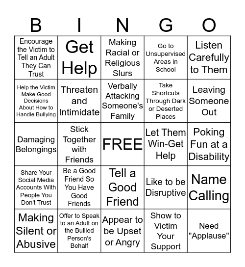 Bully Prevention Bingo  Bingo Card