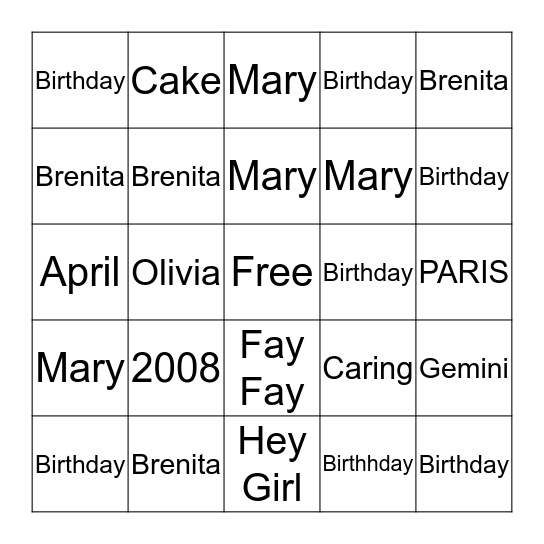 BIRTHDAY   BINGO   Bingo Card
