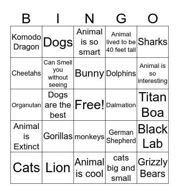 Favorite Animals Bingo Card
