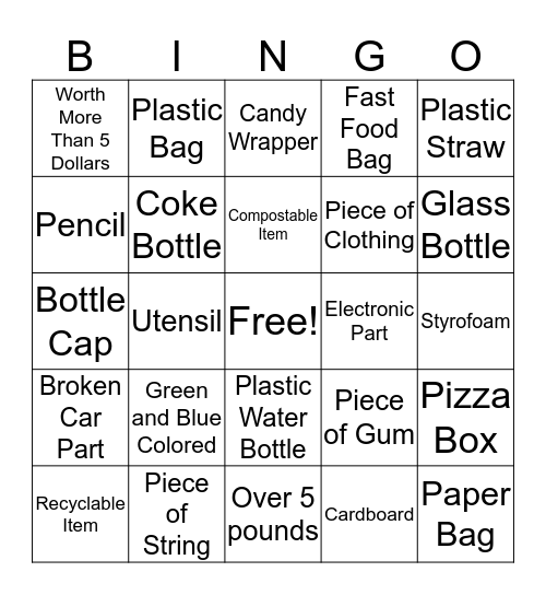 Trash Pickup Bingo Card