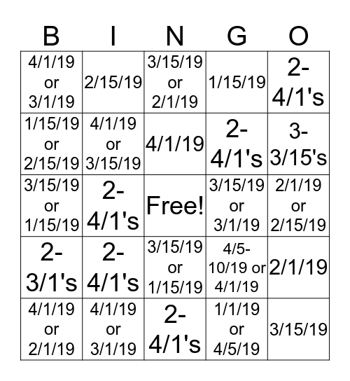 Payment Bingo Card