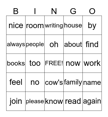 Sight Words Bingo Card