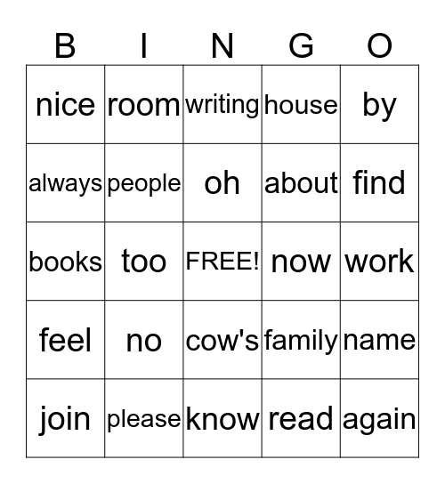 Sight Words Bingo Card