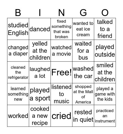 Last Weekend Bingo Card
