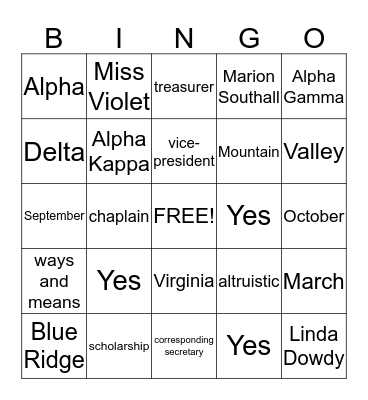Alpha Delta Kappa Bingo Card
