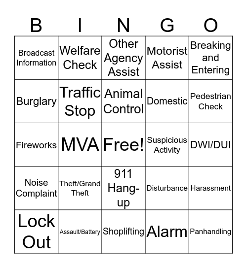 911 Dispatcher Bingo Card