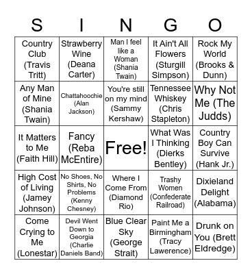 Singo Country Bingo Card