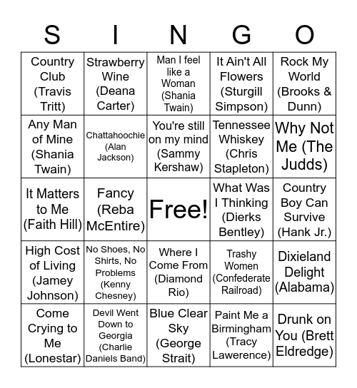 Singo Country Bingo Card