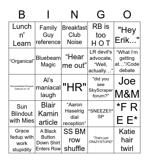 A Day in Row 2 Bingo Card