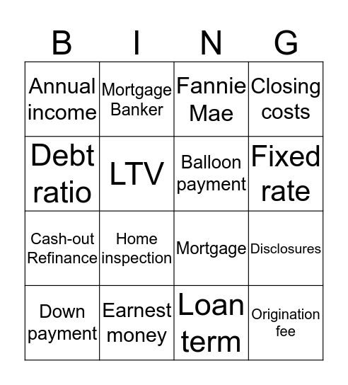 Homebuyer's Bingo Card