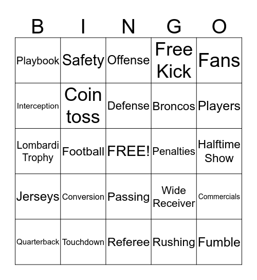 Super Bowl Bingo Card