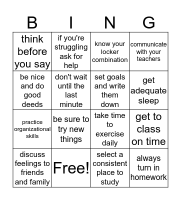 Middle School Tips and Strategies  Bingo Card