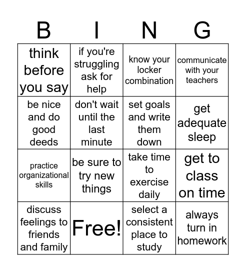 Middle School Tips and Strategies  Bingo Card