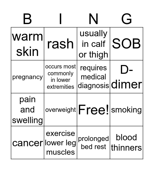 Deep Vein Thrombosis Bingo Card