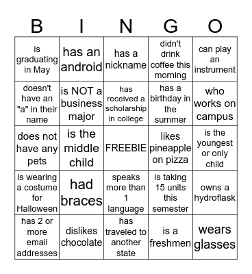 BICC Bingo: Find someone who....  Bingo Card