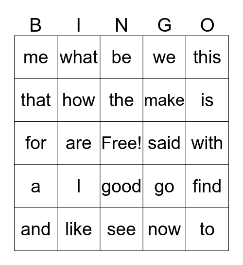 Sight Word Bingo Card