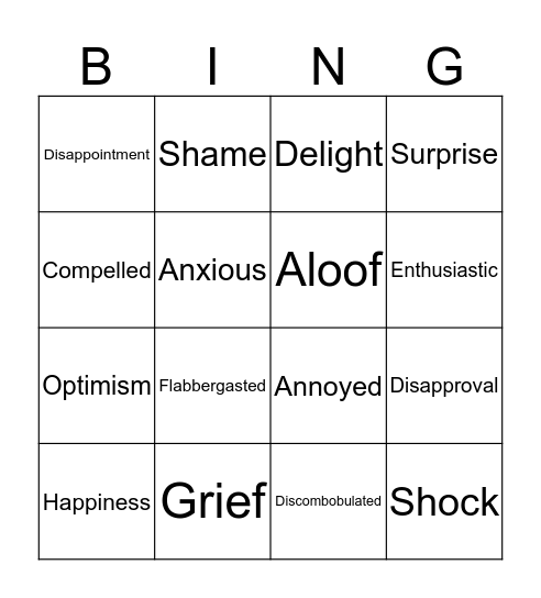 Emotions Bingo Card