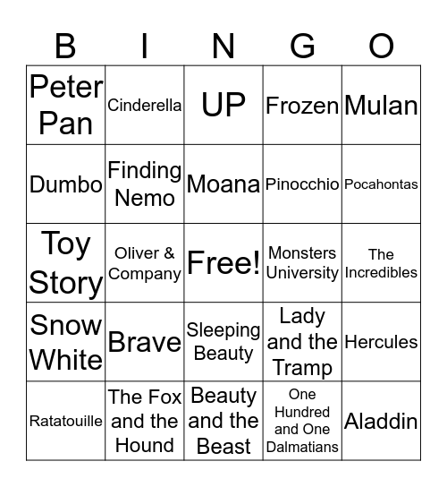 Disney Disco Bingo Card