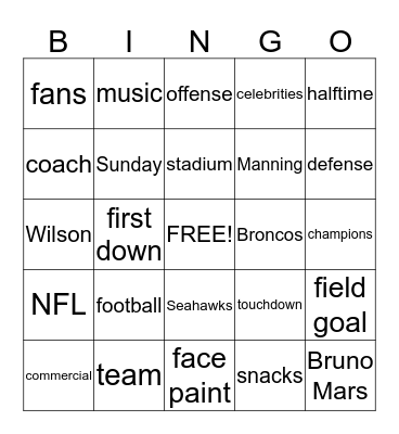 Super Bowl Bingo Card