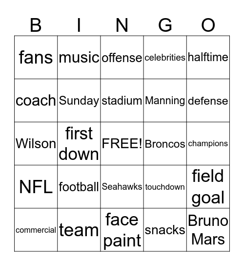 Super Bowl Bingo Card