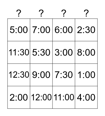 What time is it? Bingo Card