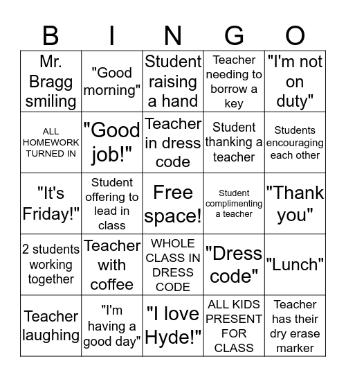 Hyde Bingo Card