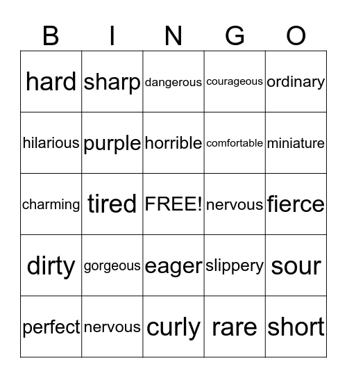 Adjectives Bingo Card