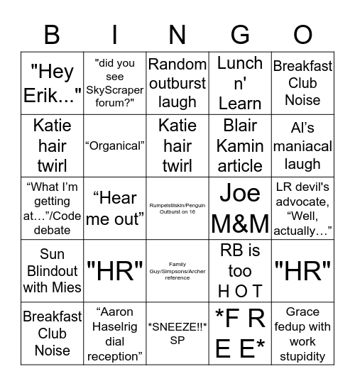 A Day in Row 2 Bingo Card