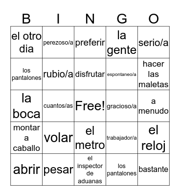 Spanish II: Final Exam Vocabulario #1 Bingo Card