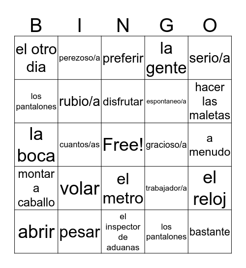 Spanish II: Final Exam Vocabulario #1 Bingo Card