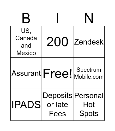 Spectrum  Mobile Bingo Card