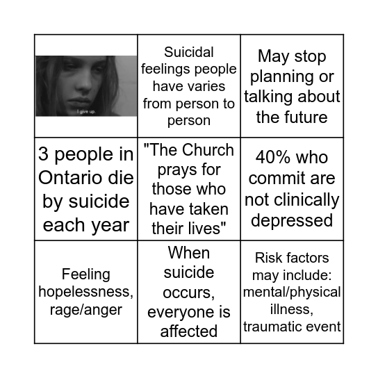 Teen Suicide Bingo Card