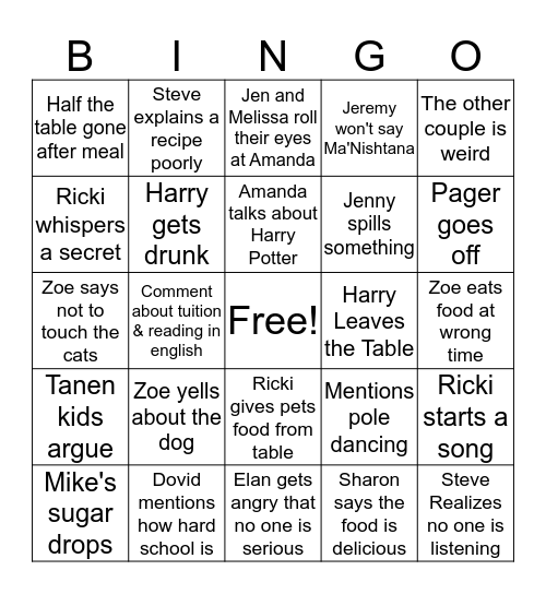 Pesach Seder Bingo Card