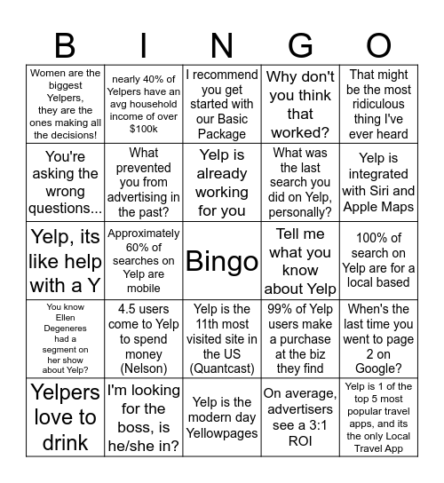 Yelp Bingo  Bingo Card