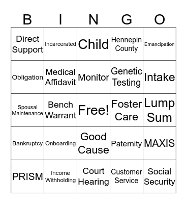 Child Support Bingo Card