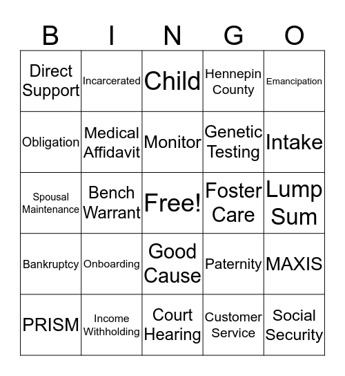 Child Support Bingo Card