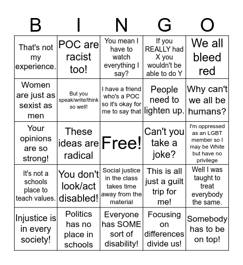 Social Justice Bingo Card