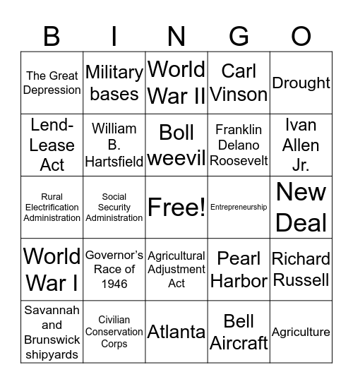 Georgia 20th Century and World Wars Bingo Card