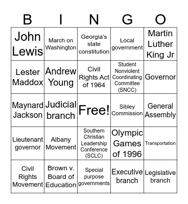 Georgia Civil Rights & Modern Georgia Bingo Card