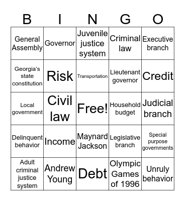 Modern Georgia, Justice System, and Personal Finance Bingo Card