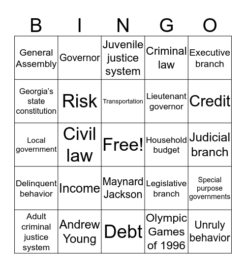 Modern Georgia, Justice System, and Personal Finance Bingo Card