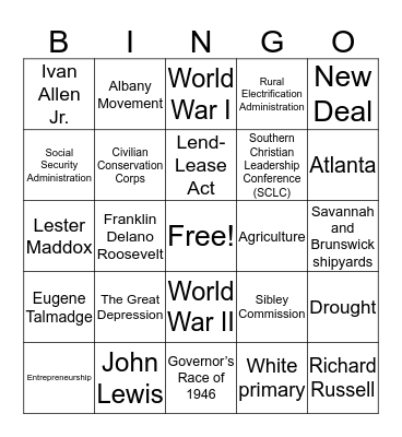 Georgia 20th Century Bingo Card