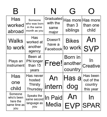 PN Get-to-know-you Bingo! Bingo Card