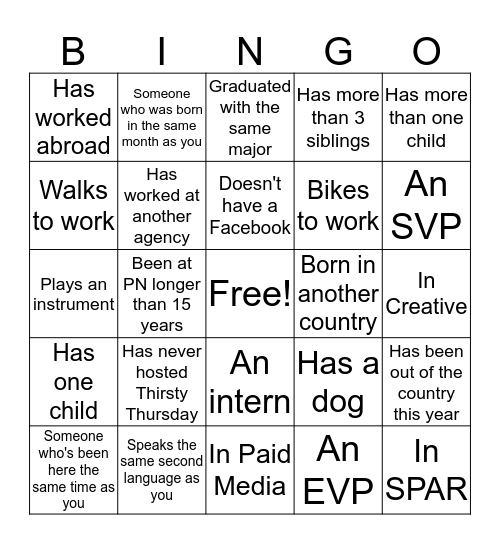 PN Get-to-know-you Bingo! Bingo Card