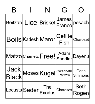 Passover Madness Bingo Card