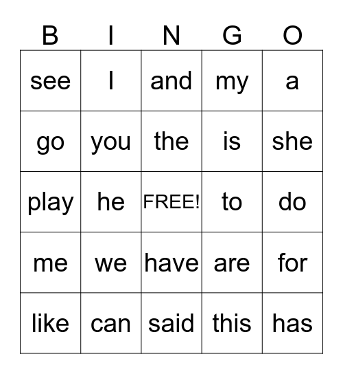Kindergarten Bingo Card